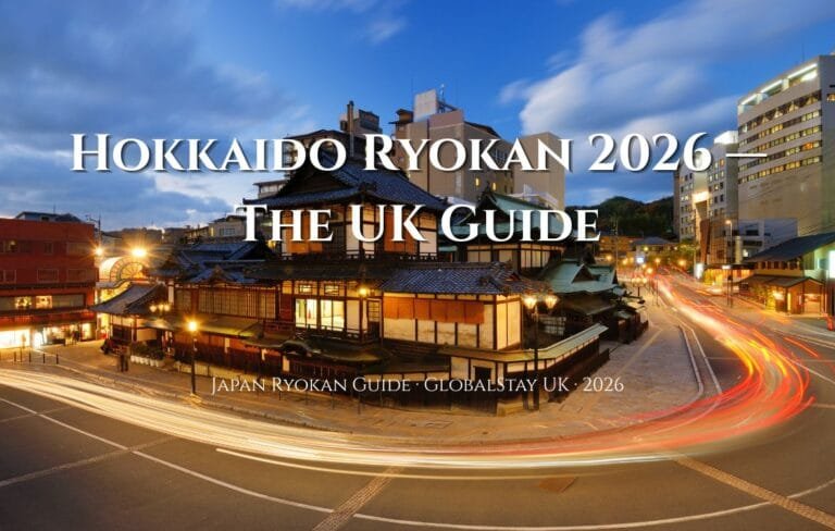 Best Hokkaido ryokan for UK travellers 2026 — private onsen with snow and mountain view Noboribetsu Japan