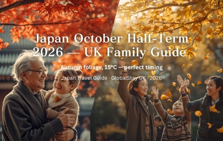 Japan October half term 2026 UK families — autumn foliage Kyoto temple maple trees red gold