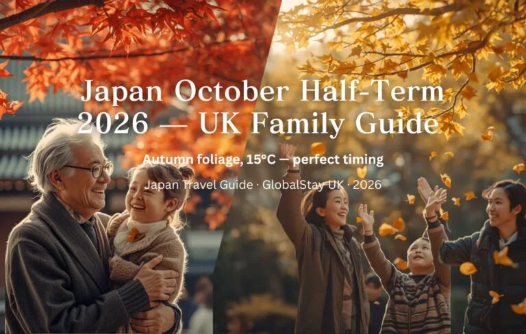 Japan October half term 2026 UK families — autumn foliage Kyoto temple maple trees red gold