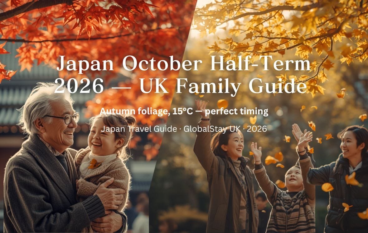 Japan October half term 2026 UK families — autumn foliage Kyoto temple maple trees red gold