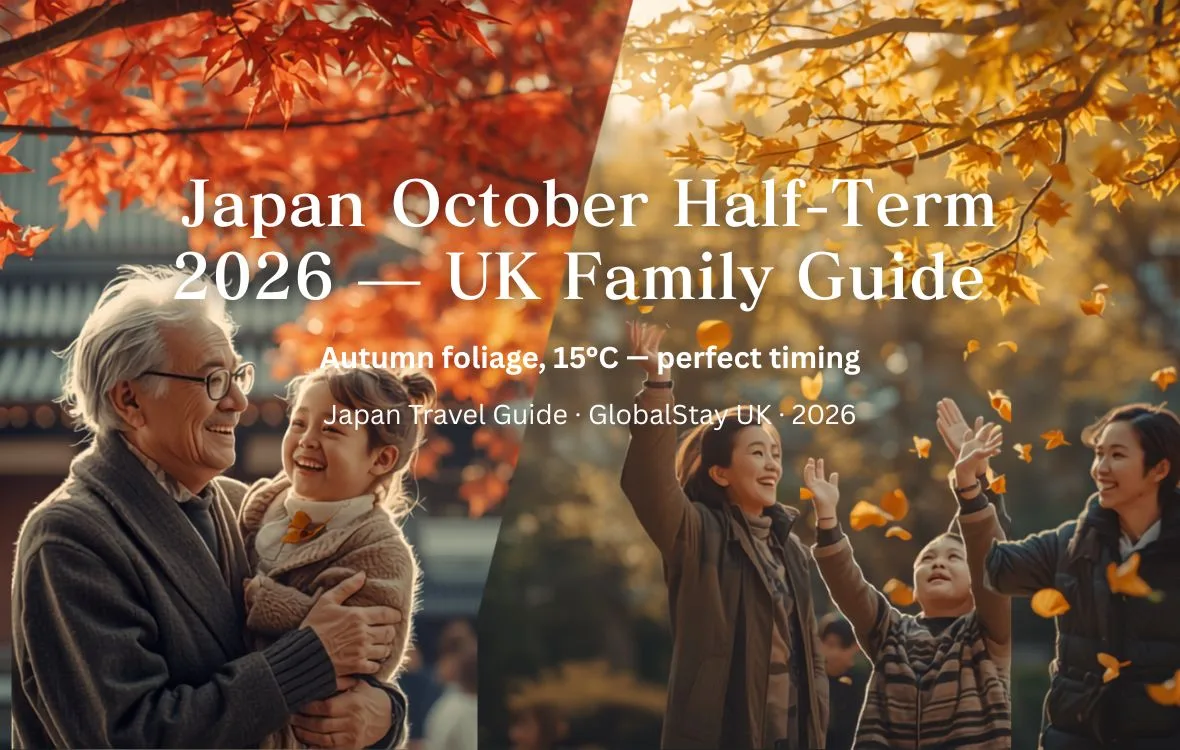 Japan October half term 2026 UK families — autumn foliage Kyoto temple maple trees red gold